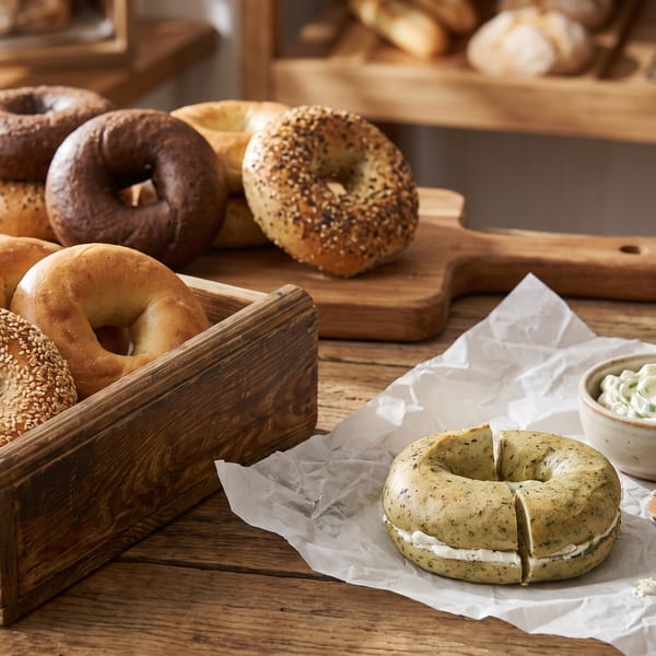 Assorted bagels, including sesame, plain, and chocolate, with a sliced herb bagel and cream cheese.
