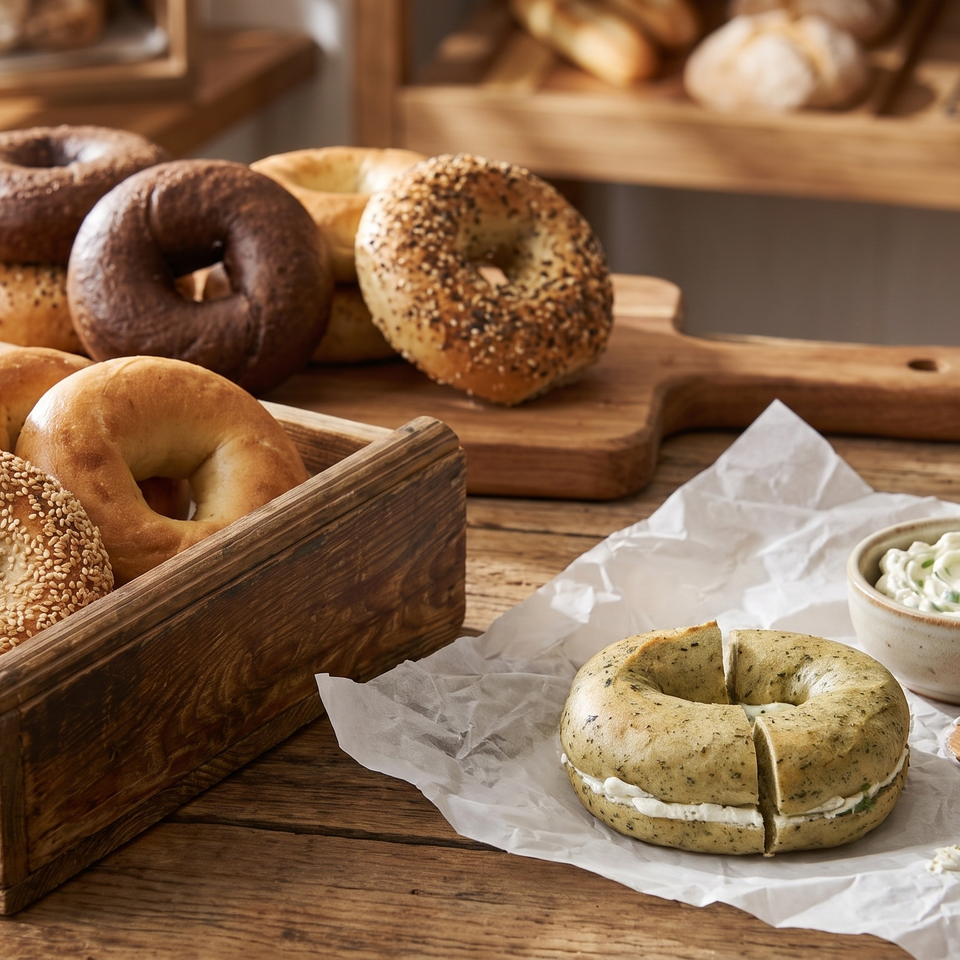 Assorted bagels, including sesame, plain, and chocolate, with a sliced herb bagel and cream cheese.