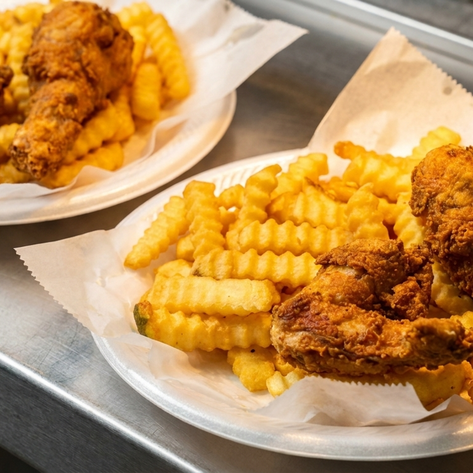 Two plates of crispy fried chicken and crinkle-cut fries on a metal counter.